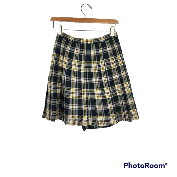 Highland Queen Vintage Green Yellow Plaid Wool Mini Wrap Skirt Sz 8 - Picture 8 of 8